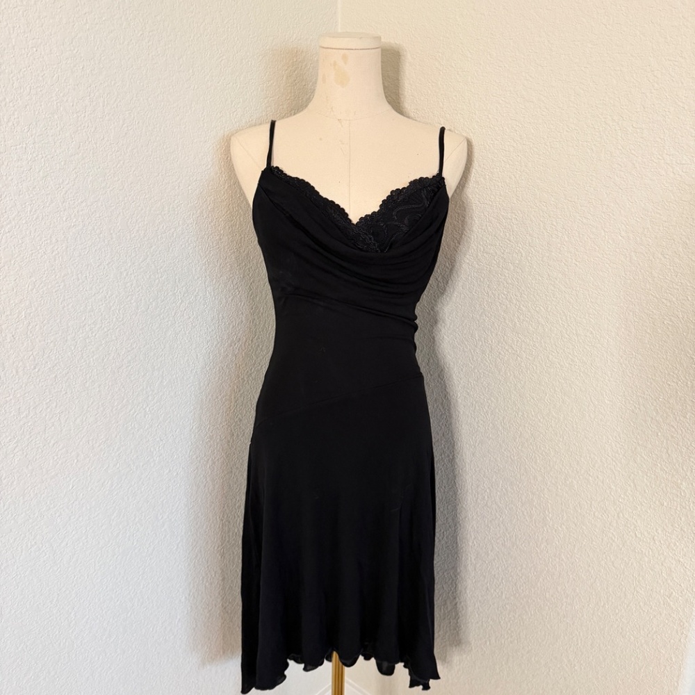 Vintage Bebe Black Lace Trim Cowl Neck Mini Dress XS